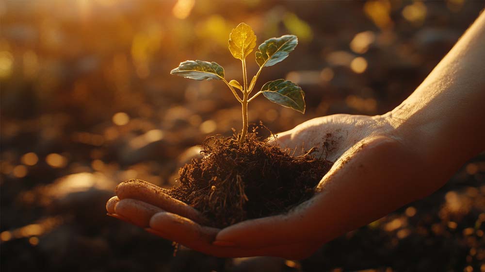 Une main de femme tenant délicatement une petite plante en pleine croissance. Cette image illustre les bienfaits des pensées bienveillantes, symbolisant la croissance intérieure et l’équilibre émotionnel.