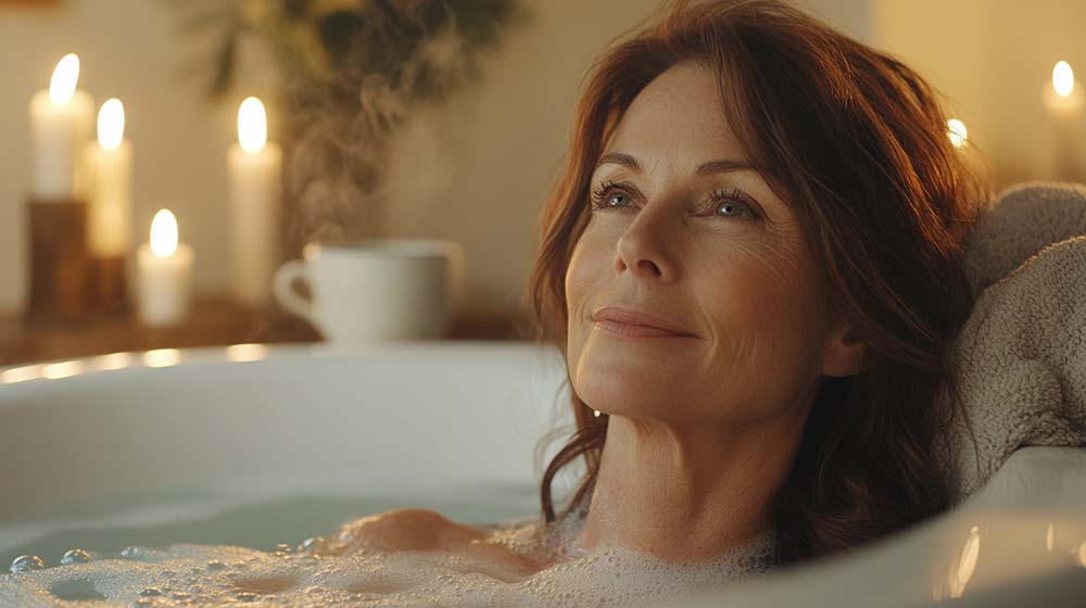 Une femme brune au cheveux long se détendant dans un bain moussant entourée de bougies et d’une lumière tamisée, illustrant l’importance d’être bienveillante envers soi-même avec des instants de douceur rien qu'à soi..