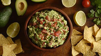 Bol de guacamole maison posé sur une table en bois rustique, entouré d'ingrédients frais : avocats mûrs, tomates coupées, coriandre, quartiers de citron et chips de tortilla.