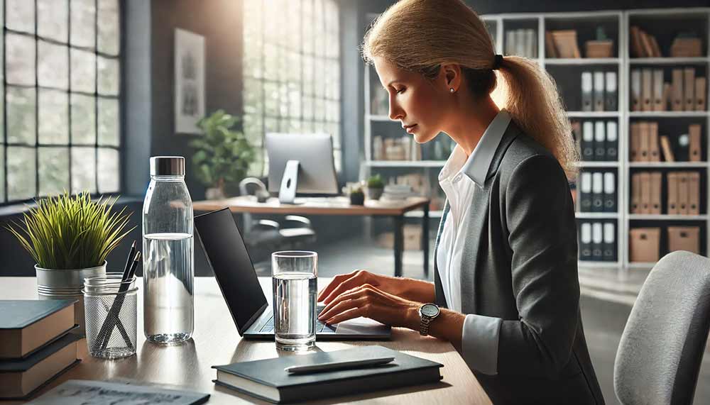 Femme de 55 ans travaillant sur un ordinateur portable dans un bureau lumineux, avec une gourde et un verre d’eau à ses côtés. Illustration de l’importance de l’hydratation pour maintenir la productivité et le bien-être au travail. .