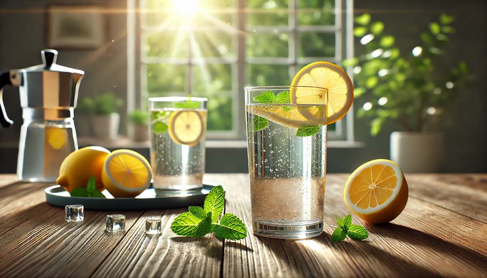 Verre d’eau avec des tranches de citron et des feuilles de menthe sur une table ensoleillée, symbolisant les bienfaits d’une hydratation régulière pour la santé, la peau, et les articulations.
