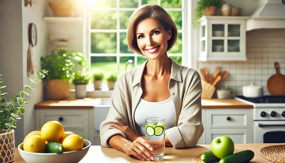 Femme de 50 ans souriante, tenant un verre d’eau infusée au citron et au concombre dans une cuisine lumineuse. Cette femme illustre les fonctions vitales de l’eau pour le corps : régulation de la température, transport des nutriments, élimination des toxines et lubrification des articulations.