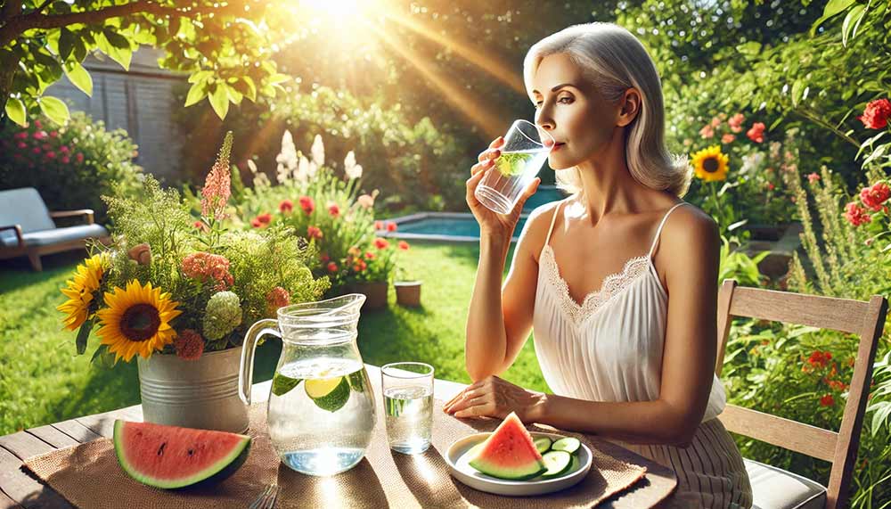 Femme de 50 ans assise dans un jardin ensoleillé, buvant un verre d’eau avec des tranches de citron, entourée de fruits frais et de verdure. Les bienfaits de l’hydratation permettent de soutenir le métabolisme, prévenir les infections urinaires et réduire les symptômes de la ménopause.