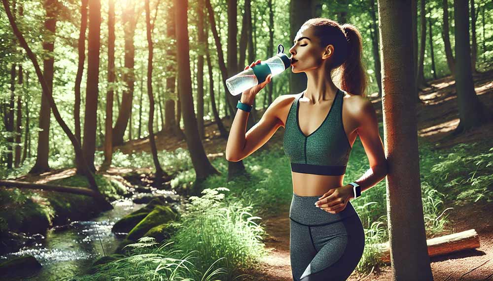 Femme sportive de 50 ans faisant une pause en forêt pendant un jogging, buvant l’eau de sa gourde. Elle sais pourquoi boire de l’eau est essentiel pour rester en forme pendant le sport.