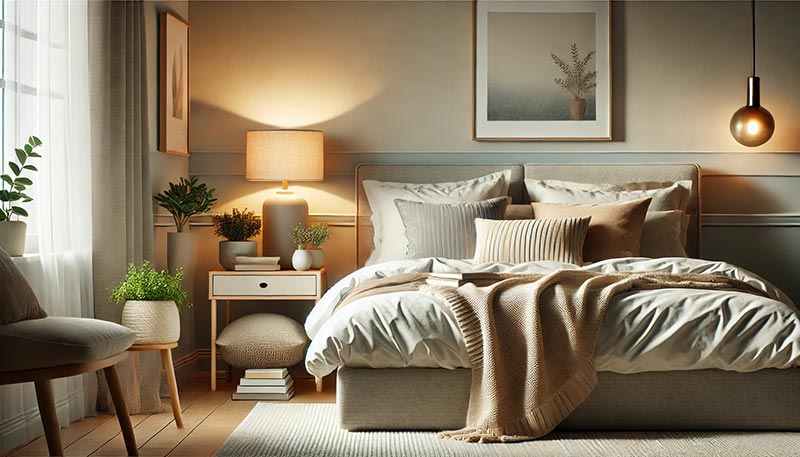 "Chambre paisible avec un lit confortable, des coussins moelleux, une lumière douce et des plantes décoratives.