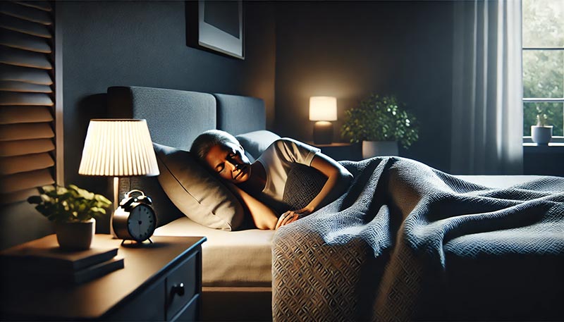 Une femme de 50 ou 60 ans dort paisiblement dans une chambre calme et faiblement éclairée, avec une lampe de chevet diffusant une douce lueur.