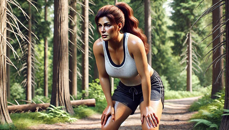 Femme de 50 ans, brune avec une queue de cheval, en tenue de sport, légèrement courbée après une activité physique dans une forêt. L'image illustre l'importance du sommeil pour la santé physique et mentale, soulignant que le repos est essentiel pour la régénération des muscles et le bien-être général.