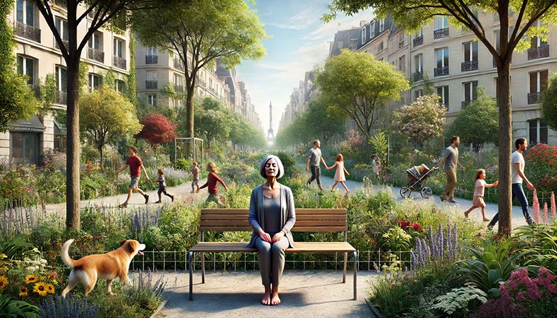 Femme de 55 ans méditant dans un parc urbain, pratiquant la pleine conscience en se concentrant sur la respiration et l’ancrage dans l’instant présent.