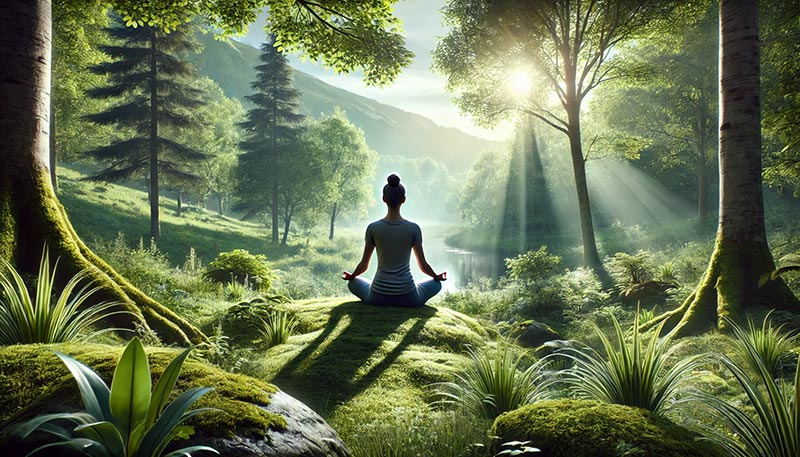 Femme de 50 ou 55 ans pratiquant la méditation en pleine nature, assise au milieu d’une forêt verdoyante baignée de lumière matinale. Entourée de végétation luxuriante et de rayons de soleil filtrant à travers les arbres, la scène symbolise la tranquillité et l'harmonie intérieure.