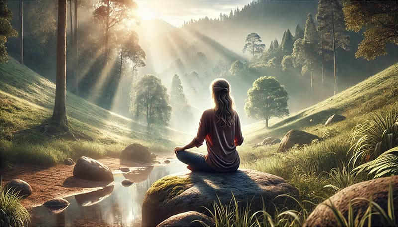 Femme méditant en pleine conscience dans la nature, symbolisant le soutien émotionnel et la clarté mentale pour traverser les étapes importantes de la vie.