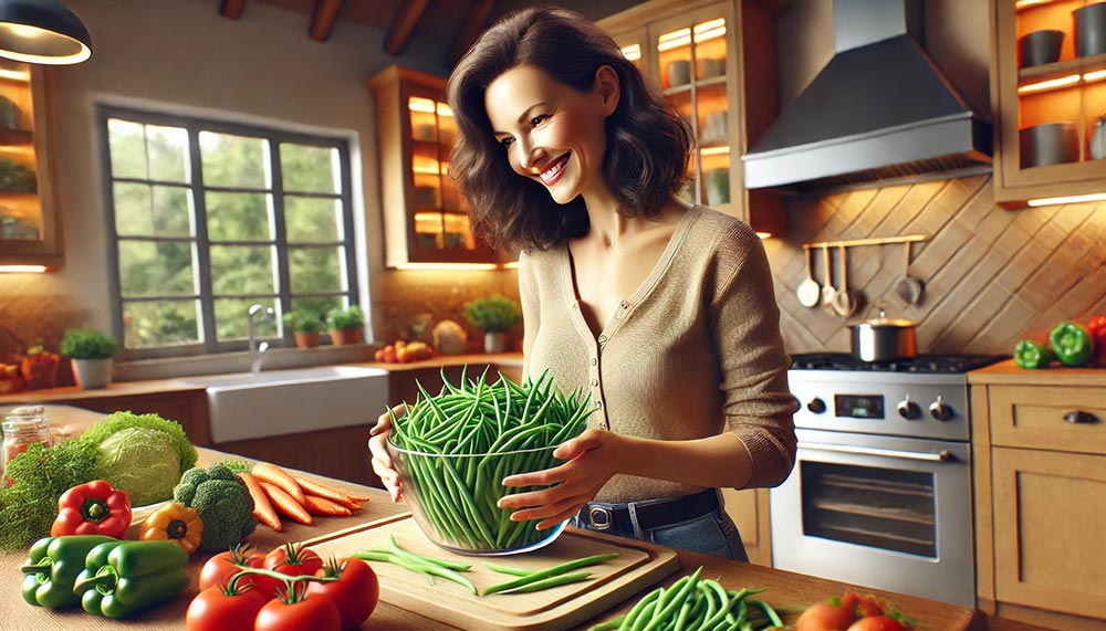 Femme brune d’environ 50 ans dans sa cuisine, souriant et regardant un bol de haricots verts qu’elle s’apprête à cuisiner. Des légumes colorés comme des carottes et tomates sont disposés sur le plan de travail.
