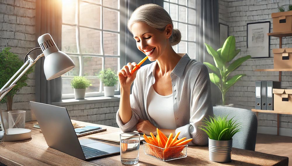 Femme de 55 ans à son bureau, souriante, mangeant des bâtonnets de carottes. Un ordinateur portable, un verre d’eau, et une plante verte ajoutent une touche de simplicité et de fraîcheur à son espace de travail. 