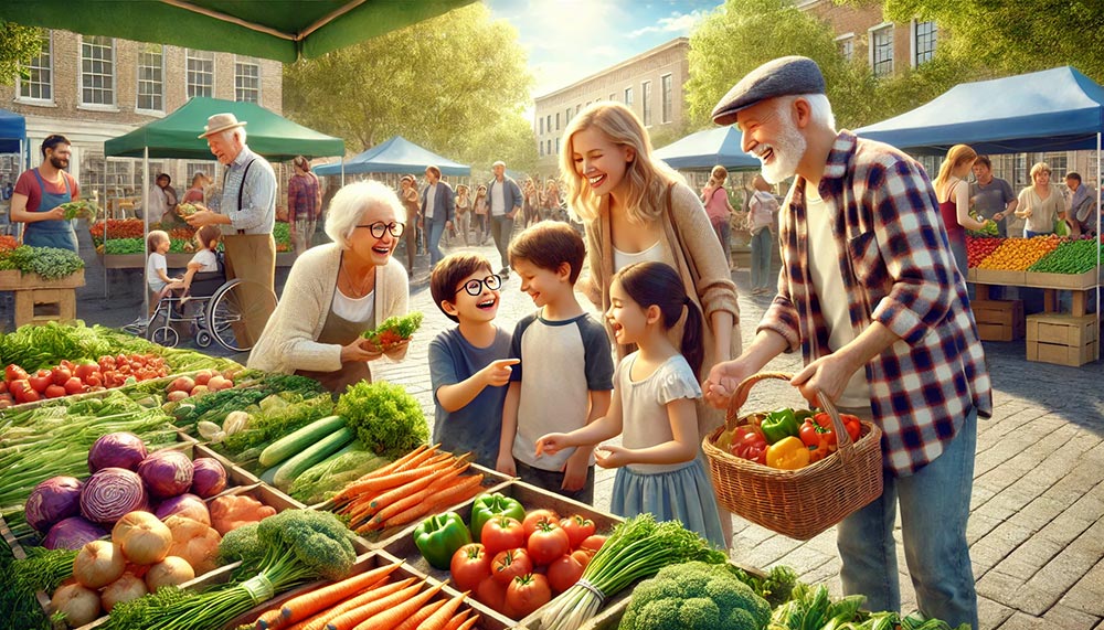 Famille regroupant grand-parents, parents et jeunes enfants sur un marché local en plein air, entourée de légumes frais comme des carottes, tomates et poivrons.