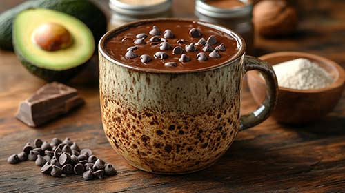 Mug-cake à l’avocat servi dans une tasse rustique en céramique, avec des pépites de chocolat fondantes sur le dessus. Autour, des ingrédients comme un avocat trop mûr, du sucre de coco, de la farine, des pépites de chocolat et du lait végétal, disposés sur une table en bois dans une lumière naturelle chaleureuse.