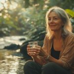 Une femme de 55 ou 60 ans, assise près d'un ruisseau clair entouré de verdure luxuriante, tient un verre d'eau et sourit paisiblement sous une lumière douce. L'image illustre pourquoi boire de l'eau est essentiel pour la santé, en mettant en avant les bienfaits de l'hydratation dans un cadre naturel et apaisant.