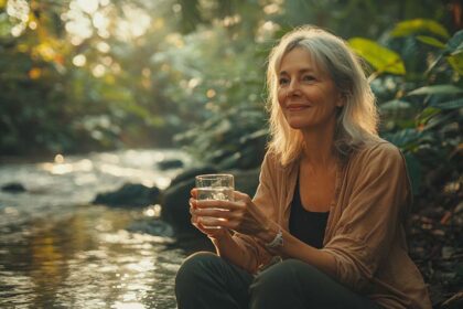 Une femme de 55 ou 60 ans, assise près d'un ruisseau clair entouré de verdure luxuriante, tient un verre d'eau et sourit paisiblement sous une lumière douce. L'image illustre pourquoi boire de l'eau est essentiel pour la santé, en mettant en avant les bienfaits de l'hydratation dans un cadre naturel et apaisant.