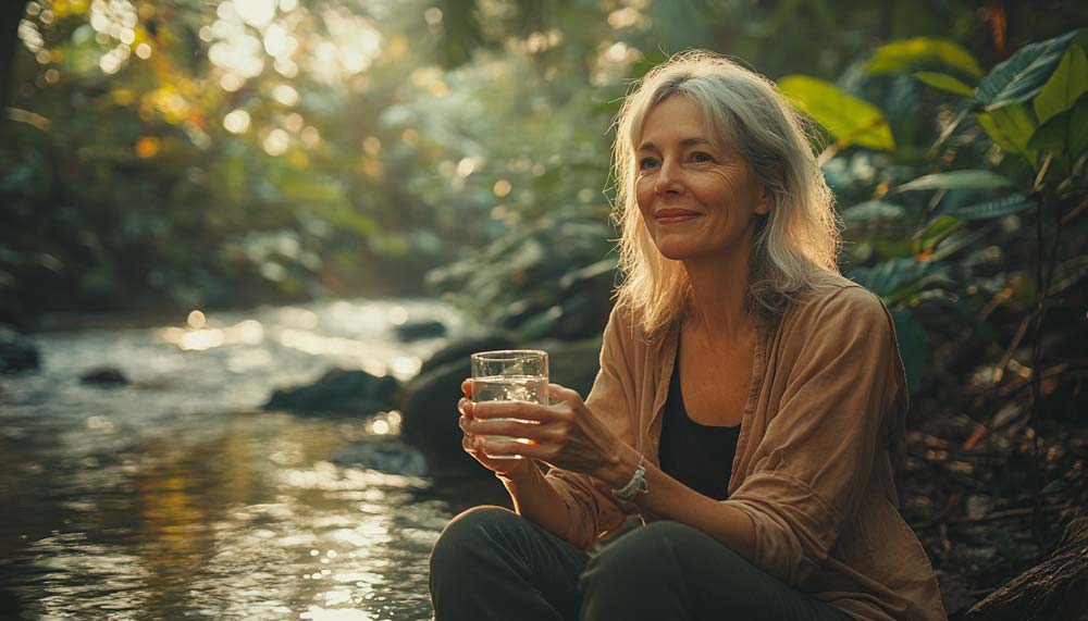 Une femme de 55 ou 60 ans, assise près d'un ruisseau clair entouré de verdure luxuriante, tient un verre d'eau et sourit paisiblement sous une lumière douce. L'image illustre pourquoi boire de l'eau est essentiel pour la santé, en mettant en avant les bienfaits de l'hydratation dans un cadre naturel et apaisant.