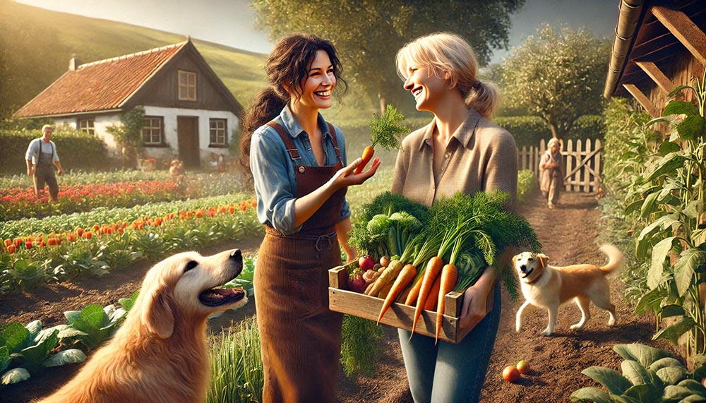 Productrice de légumes brune dans son champ offrant des légumes à une femme blonde d'environ 50 ans mangeant une carotte.