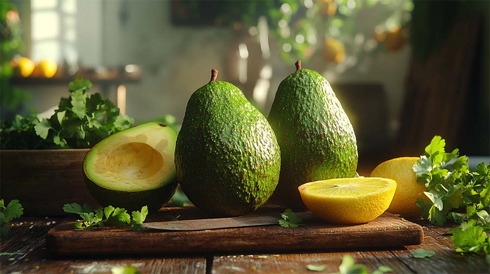 avocats trop mûr avec des taches brunes mais encore partiellement vert et crémeux sur une table en bois rustique. Scène de cuisine avec planche à découper, couteau et herbes fraîches,