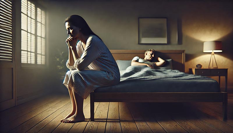 Femme d'une cinquantaine d'années, assise au bord de son lit et en pleine réflexion, son partenaire dormant à ses côtés, illustrant les effets de la ménopause sur le désir et l'intimité.