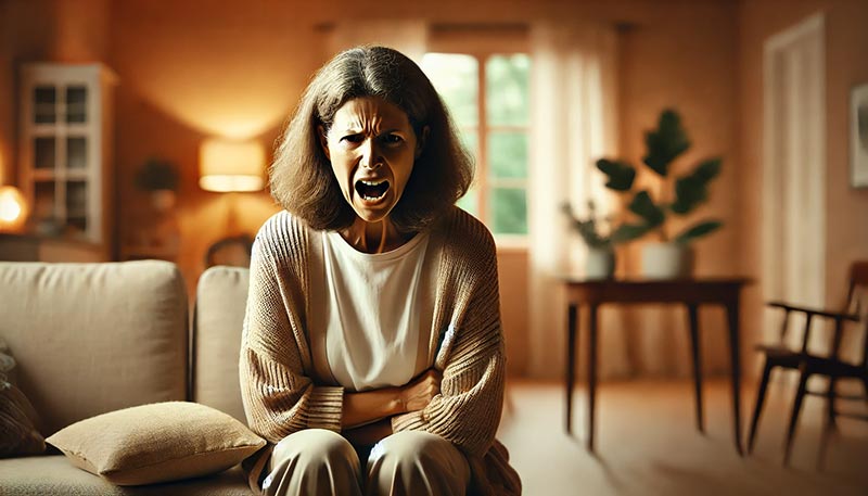 Femme d'environ 50 ans assise dans le canapé de son salon confortable, en pleine crise de nerfs et exprimant l’intensité des émotions et de l'irritabilité, symptômes associés aux premiers signes de la ménopause.