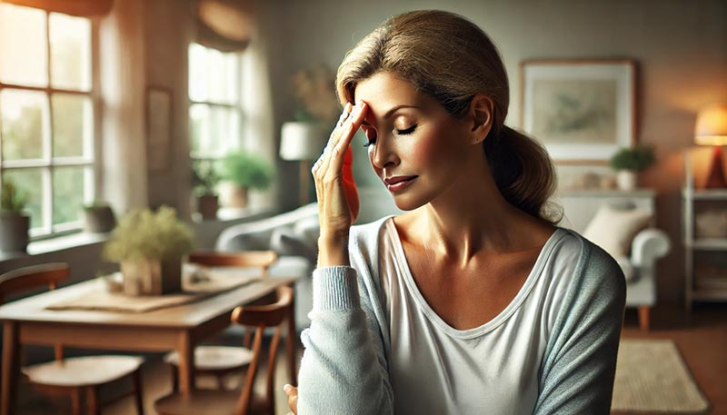 Femme d'une cinquantaine d'années dans un intérieur confortable, essuyant son front avec calme, illustrant un moment de bouffée de chaleur, un des premiers signes de la ménopause.