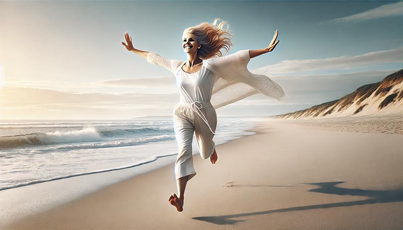 Femme de 55 ans, heureuse et libre, faisant l'avion avec ses bras en courant sur une plage, symbolisant une approche positive de prendre de l'âge avec vitalité et joie.