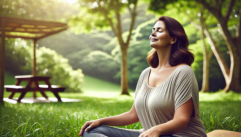 Femme brune de 50 ans avec un léger embonpoint, assise dans un parc verdoyant, les yeux fermés et la tête légèrement en arrière, incarnant un état d'esprit serein et épanoui face à l'âge.
