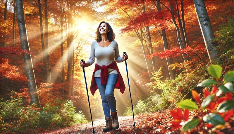 Femme brune de 50 ans en randonnée avec des bâtons de marche, entourée des couleurs vives de l'automne, dans une forêt luxuriante, symbolisant un mode de vie actif et positif à chaque étape de la vie.