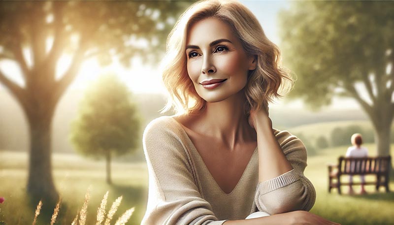 Femme blonde de 50 ans dans la nature nature, illustrant la force et la sérénité de prendre de l'âge, dans un cadre naturel symbolisant la sagesse et l’épanouissement.