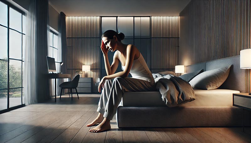 Femme de 45 ans assise, visiblement fatiguée, sur le bord de son lit dans une chambre moderne et minimaliste faiblement éclairée