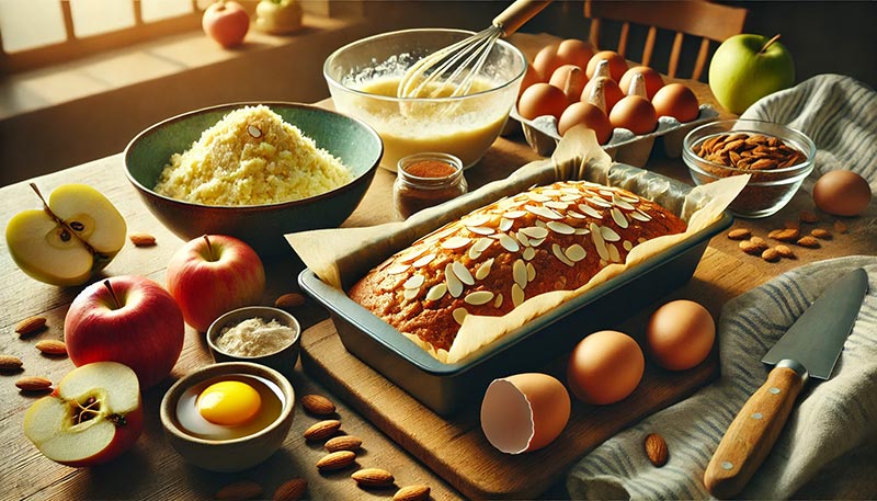 Ingrédients et préparation pour un moelleux aux pommes et amandes : pommes fraîches, amandes effilées, œufs et épices pour un dessert maison, savoureux et nutritif.