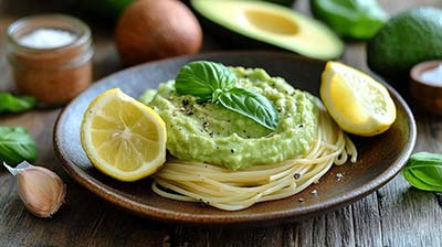 plat de spaghetti nappés d’une sauce crémeuse à l’avocat, décorés de feuilles de basilic frais et de poivre noir. Autour, des ingrédients frais comme un avocat mûr, un citron coupé, une gousse d’ail, du yaourt et un bouquet de basilic, présentés sur une table rustique en bois avec une lumière naturelle chaleureuse.