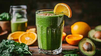 Verre de smoothie vert crémeux sur une table en bois rustique, entouré d'ingrédients frais : avocats mûrs, épinards et quartiers de citron et d'orange. Une présentation lumineuse et appétissante pour illustrer une recette saine et énergisante.