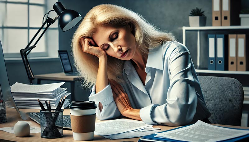 Femme de 50 ans, blonde, épuisée, la tête appuyée sur sa main, assise à son bureau avec des documents et une tasse de café. Cette image rappelle l'importance du sommeil pour la productivité et le bien-être au travail.