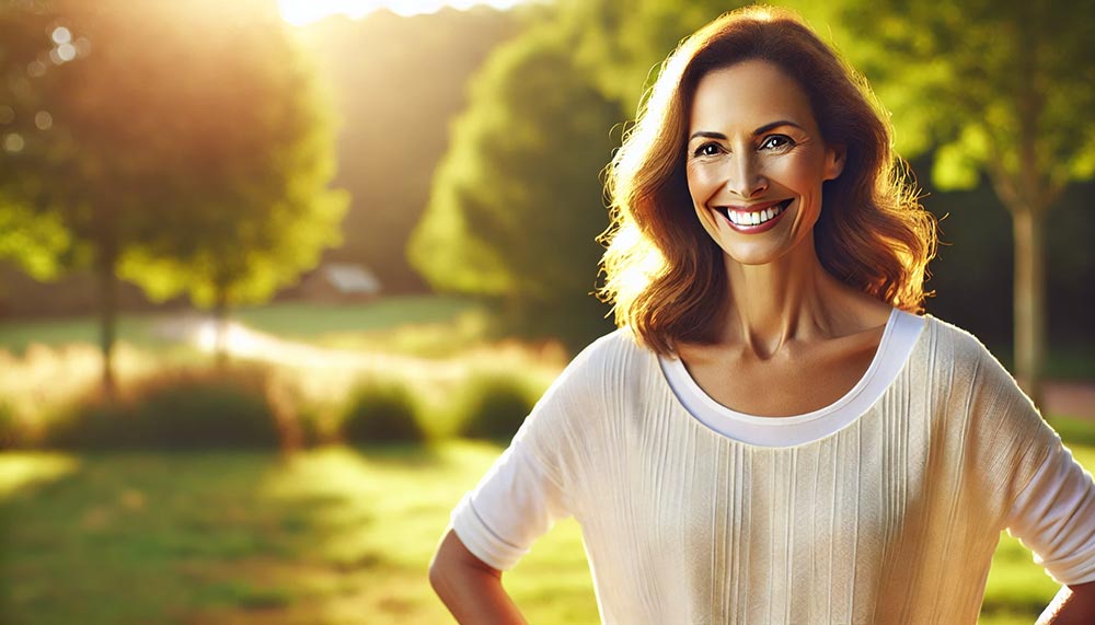 Femme rayonnante et active en pleine nature, incarnant l'importance des sources de calcium pour des os solides et une santé optimale après 45 ans.
