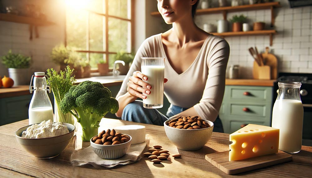 Une femme dans une cuisine lumineuse, tenant un verre de lait, entourée d'aliments riches en calcium tels que des amandes, des brocolis et du fromage, pour illustrer l'importance des sources naturelles de calcium après 45 ans.