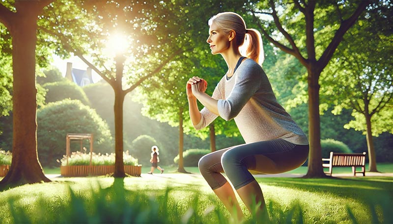 Une femme blonde d’environ 50 ans, en tenue de sport élégante, effectuant des squats dans un parc ensoleillé, entourée de verdure, illustrant les bienfaits de la musculation pour renforcer les muscles et maintenir la santé après 45 ans.