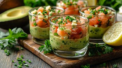 Verrines apéritives élégantes composées d’une base crémeuse à l’avocat et fromage frais, surmontées de dés de saumon fumé, et décorées de ciboulette ciselée. Autour des verrines, des ingrédients frais comme un avocat, un citron, du fromage frais, et de la ciboulette, présentés sur une table rustique