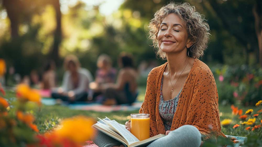 Une femme apaisée d'environ 50 ans assise dans un parc, les yeux fermés, tenant un livres et un verre de jus de fruits frais. Elle savoure un moment de liberté et de sérénité gagnées grâce à l’âge,