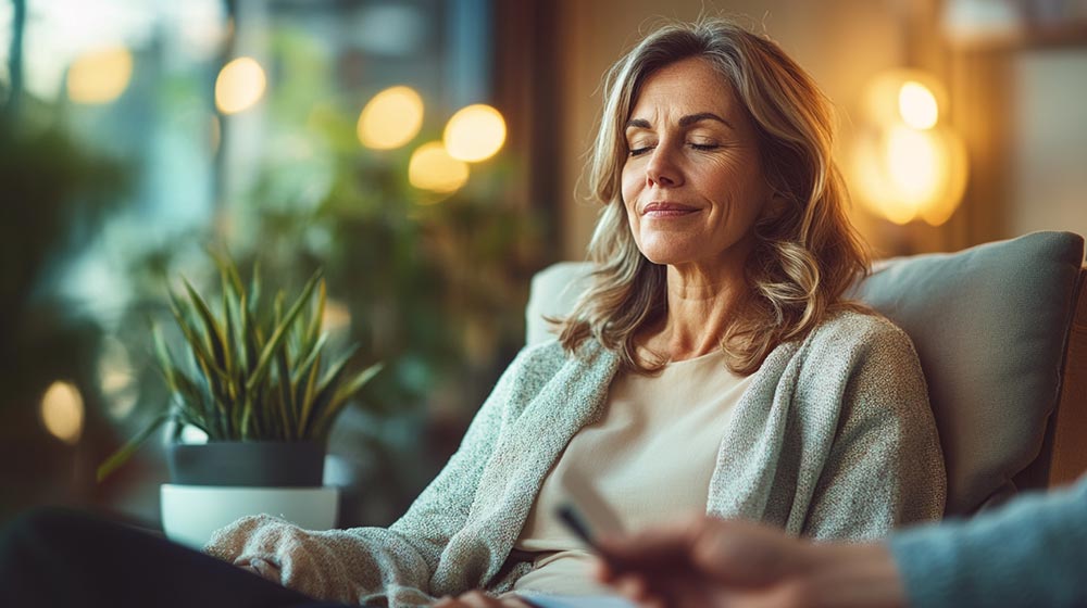 Femme de 50 ou 55 ans détendue sur un fauteuil, en pleine séance d’hypnose, profitant d’un moment de calme pour réduire le stress et explorer les bienfaits de l’hypnose. L’ambiance chaleureuse, avec des éléments naturels, reflète l’apaisement et la reconnexion à soi.