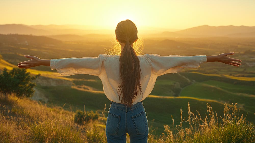 Femme de 45 ou 50 ans, brune, en chemisier blanc et jean, vue de dos avec les bras grands ouverts vers l’horizon. Cette image incarne la liberté, l’épanouissement et le bien-être retrouvés grâce aux bienfaits de l’hypnose.