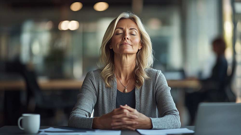 Femme au bureau pratiquant la méthode STOP, les yeux fermés et les mains posées sur ses cuisses, illustrant une technique simple pour rester zen face au stress professionnel.