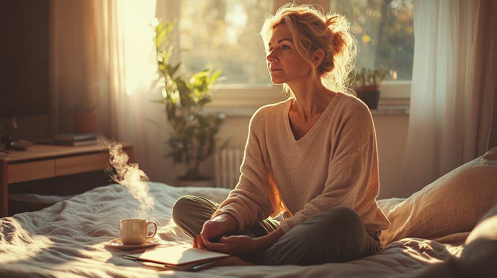 Femme assise sur son lit au petit matin, pratiquant une préparation mentale avec un carnet ouvert, illustrant des techniques simples pour rester zen face aux imprévus.