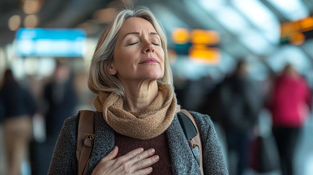 Femme debout dans un aéroport, les yeux fermés, pratiquant la respiration en double inspiration pour rester zen malgré l’agitation environnante et une situation perturbante.