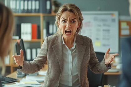 Femme en colère au bureau, ne parvenant pas à rester zen et calme, criant sur deux collègues surpris, entourée d’un bureau en désordre,