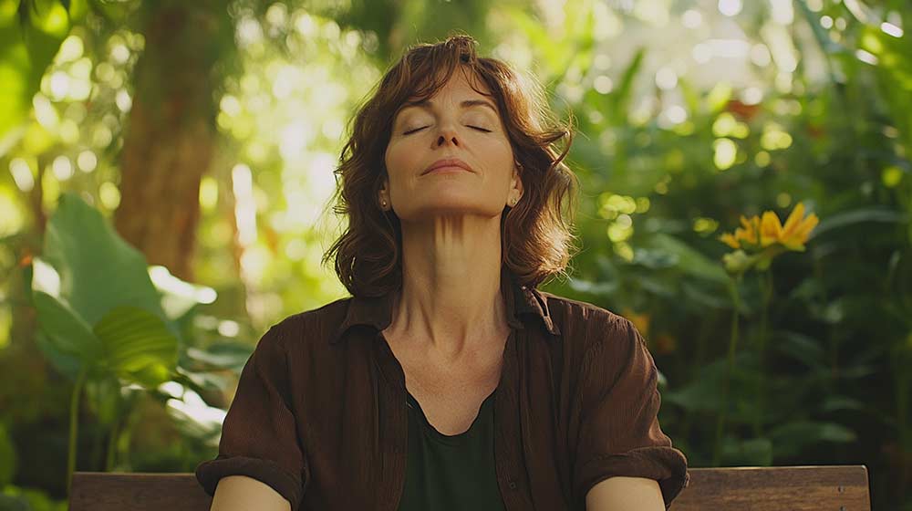 Femme entre 45 et 50 ans, assise sur un banc dans un parc, respirant profondément pour réduire le stress et soulager ses douleurs articulaires naturellement.