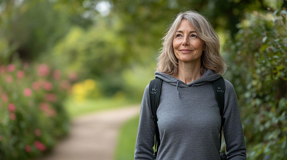 Femme de 45 ou 50 ans marchant dans un parc verdoyant, portant des vêtements de sport confortables. Elle est entourée d’arbres et de fleurs, et la lumière naturelle crée une atmosphère apaisante. L'exercice physique est une des méthodes naturelles clés pour renforcer le corps, apaiser l’esprit, et mieux vivre la ménopause tout en retrouvant énergie et sérénité.
