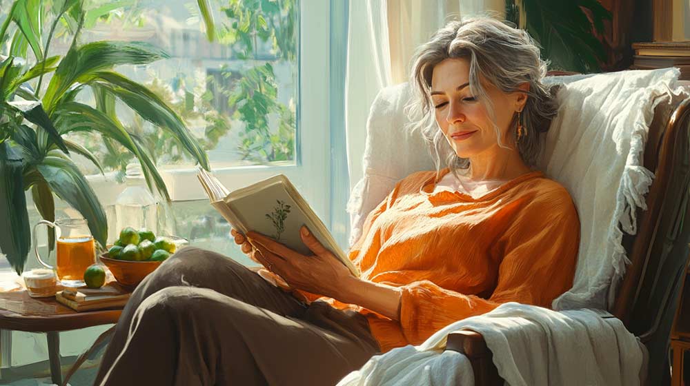 Femme d’environ de 55 ou 60 ans assise près d’une fenêtre lumineuse dans un fauteuil confortable. Elle tient une tasse de tisane dans une main et un carnet est posé sur ses genoux. Cette scène illustre l’importance de prendre soin de son bien-être physique et mental.
