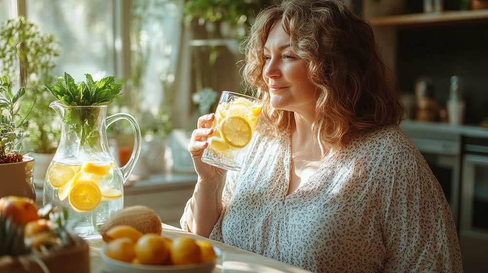Femme d’environ 45-50 ans en surpoids, debout en chemise de nuit dans sa cuisine lumineuse, portant . Elle boit un grand verre d’eau avec des rondelles de citron. Cette routine matinale saine et efficace permet de perdre du poids durablement, de booster le métabolisme et d'améliorer la vitalité.